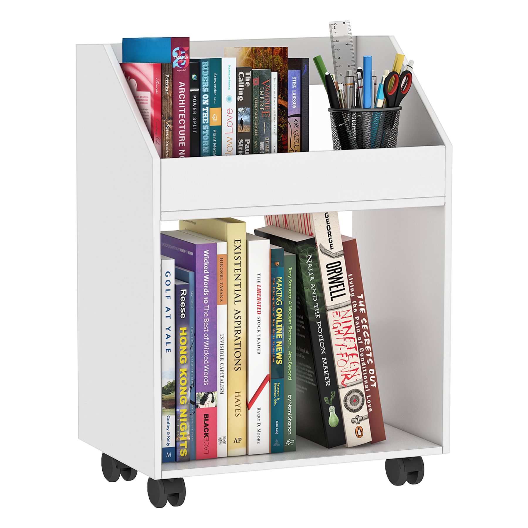 2-Tier White Movable Rolling Bookshelf Storage Cart