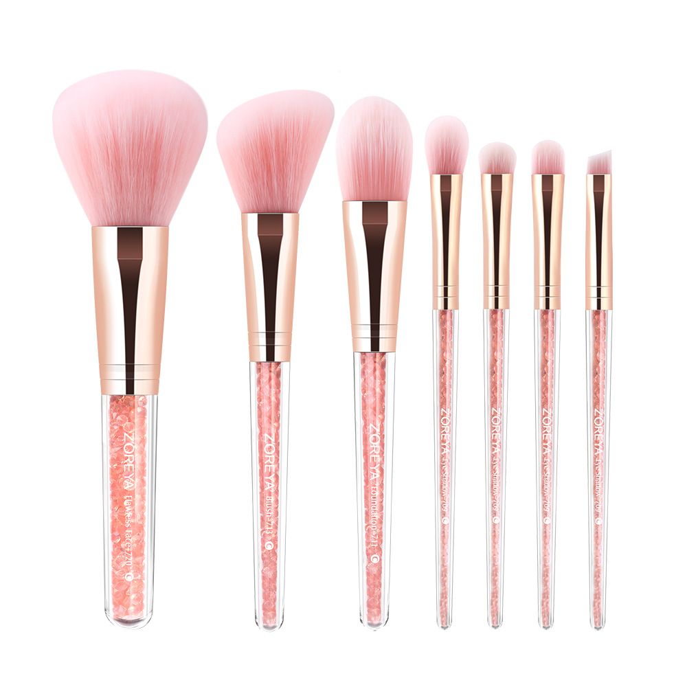 7-Piece Makeup Brush Set with Pink Transparent Handles