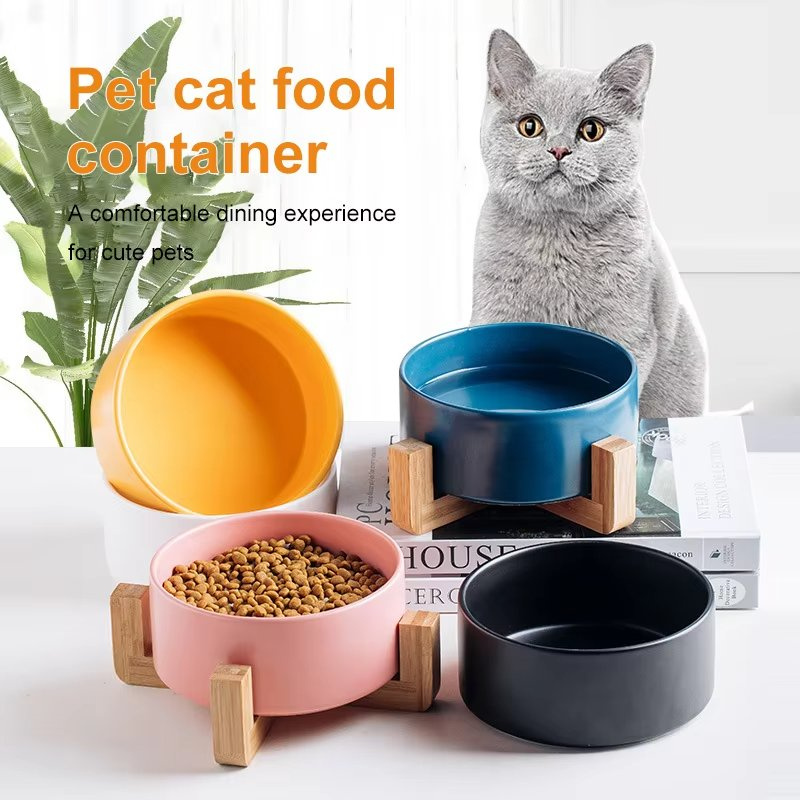 Ceramic Dog Cat Bowl with Bamboo Stand Food Water Bowl