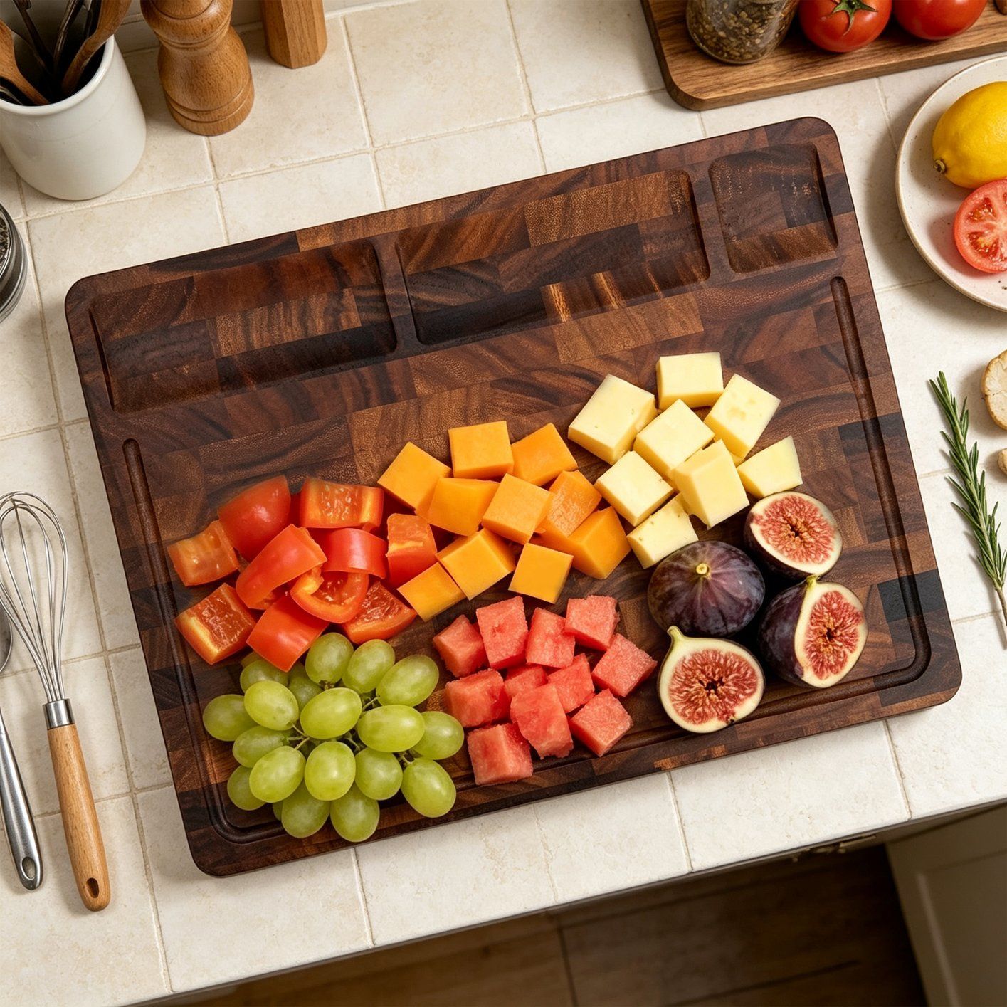 End Grain Walnut Chopping Board with Juice Trough and Food Groove