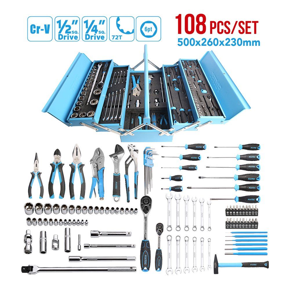 Fixtec 108PCS Automotive Repair Mechanic Hand Tool Kit with Toolbox