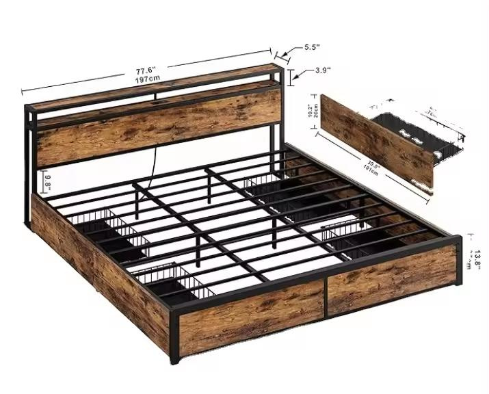 Heavy Duty Queen Metal Platform Bed Frame with Wooden Headboard