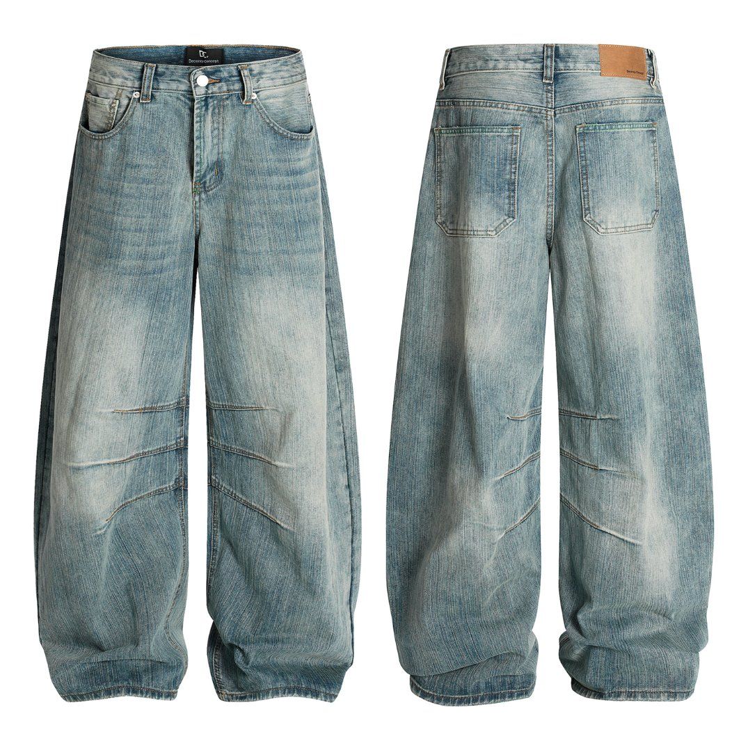 Men's Faded Distressed Baggy Wide Leg Elastic Cotton Jeans