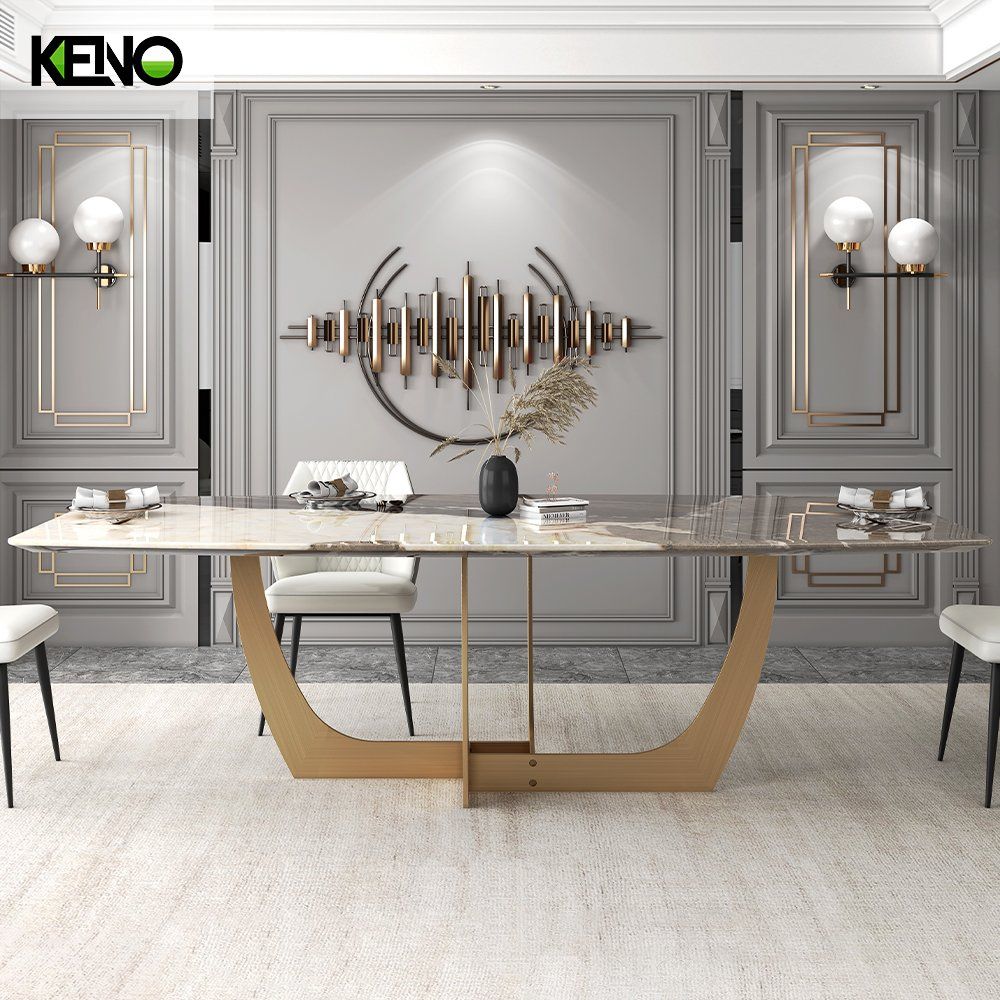 Natural Marble Dining Table with Golden Stainless Steel Base