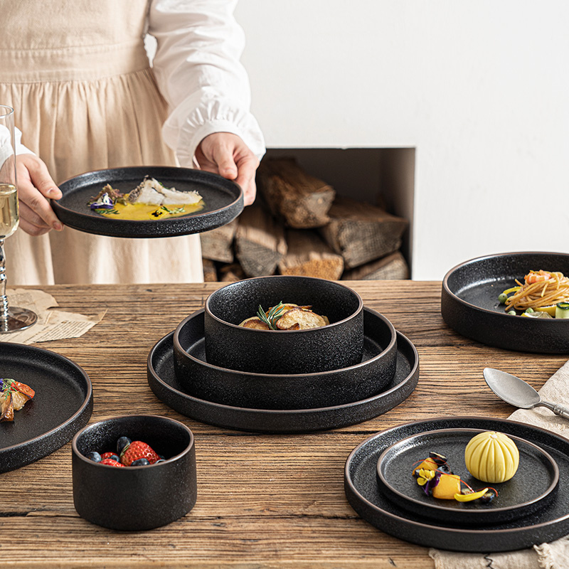 Nordic Ceramic Stackable Black Dinnerware Plates and Bowls for Restaurant