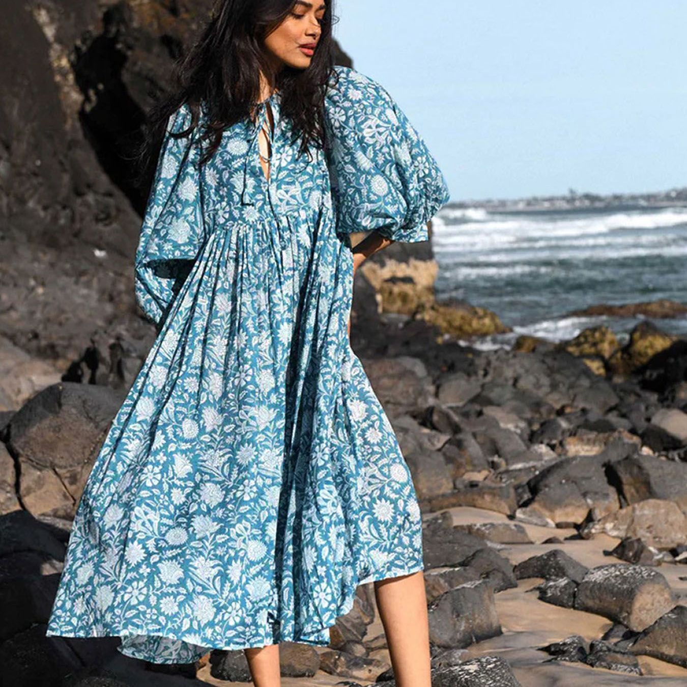 Relaxed Lantern Sleeve Floral Beach Dress for Summer Getaways