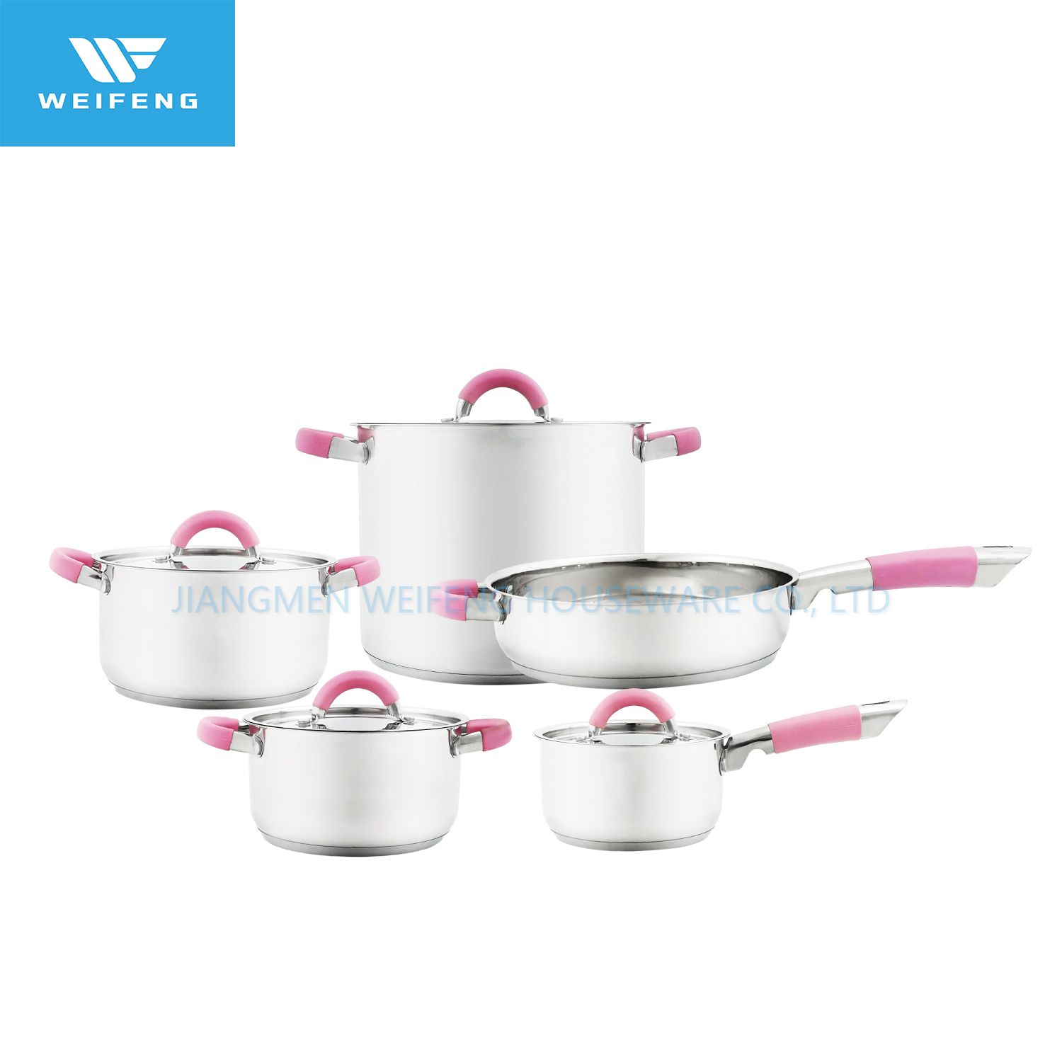 Stainless Steel Cookware Set with Pink Silicone Handle and Utensils