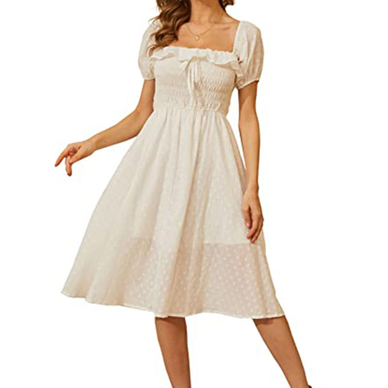 White Vintage V-Neck Puff Sleeve Button Midi Summer Dress